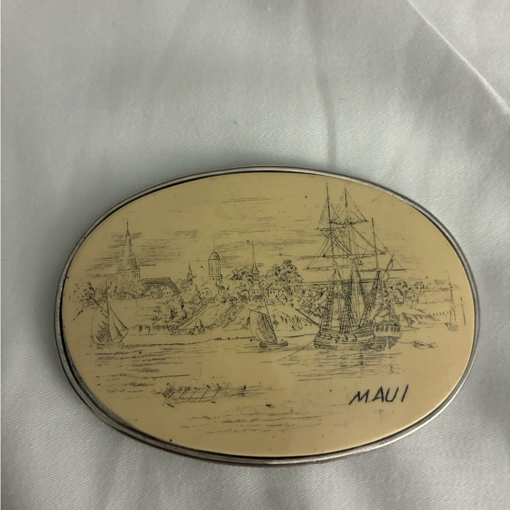 Maui Scrimshaw Belt Buckle vintage ship